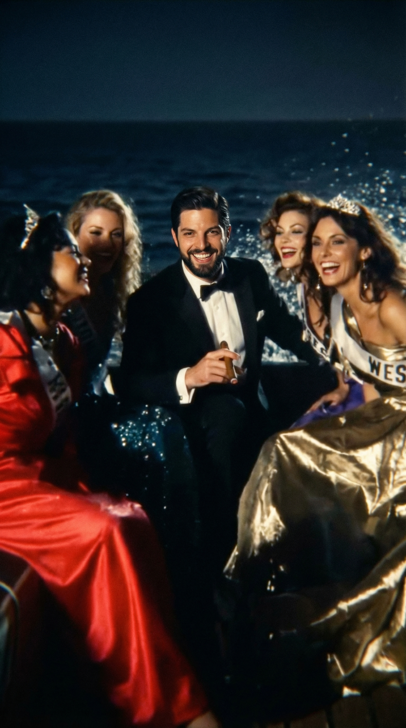 Source image of a tuxedoed man surrounded by pageant performers at sea