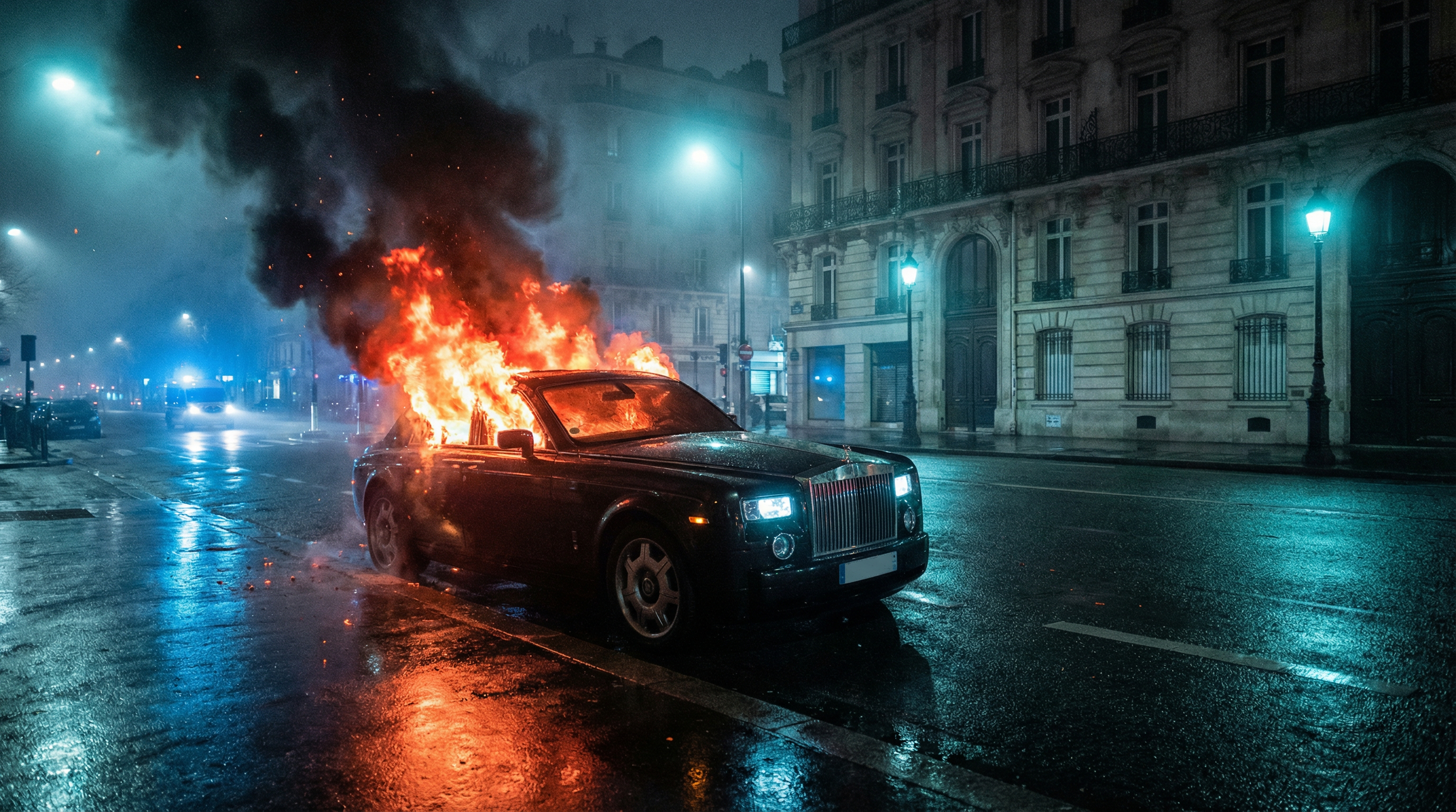 Source image of a Rolls-Royce burning on a wet Paris street